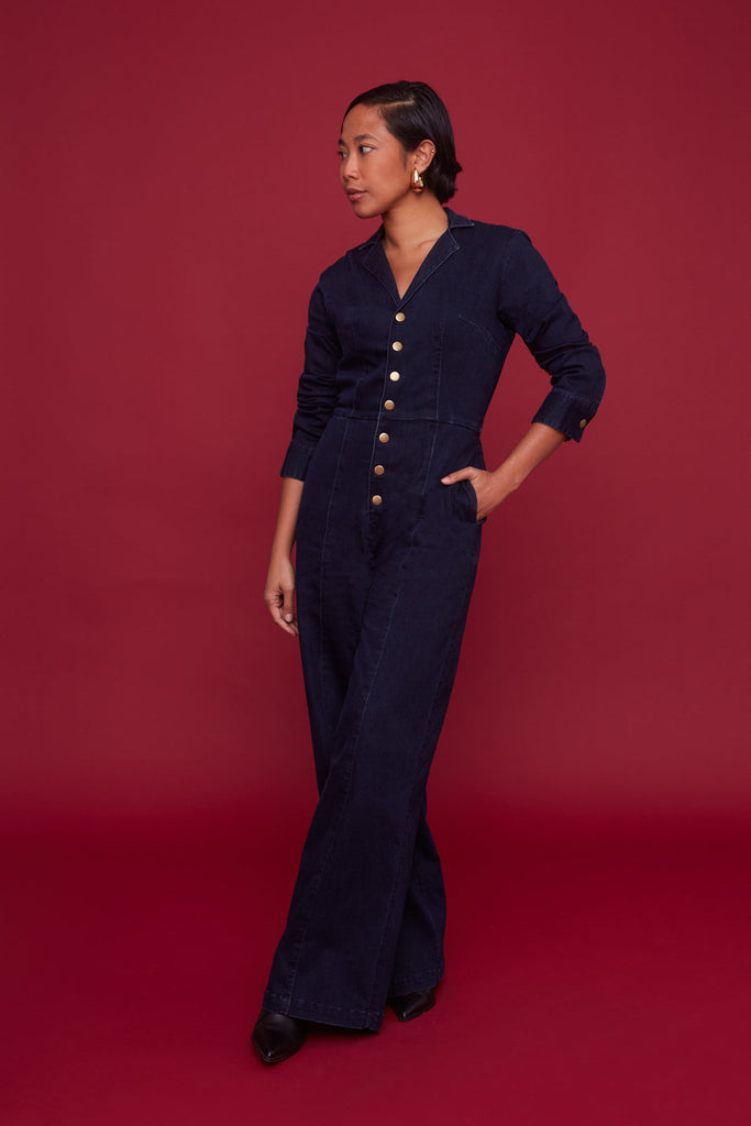 Midnight Denim Long-Sleeve Jumpsuit