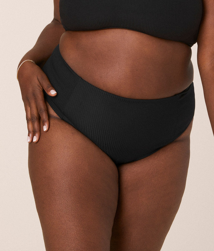 The High Waist Cheeky Bikini Bottom - Eco Ribbed - Black