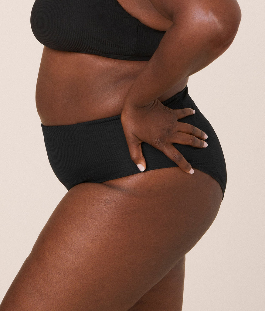 The High Waist Cheeky Bikini Bottom - Eco Ribbed - Black