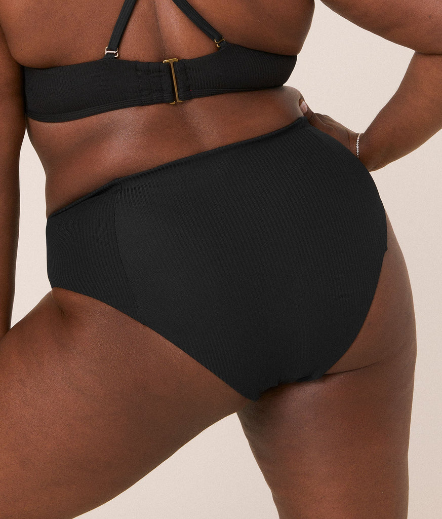 The High Waist Cheeky Bikini Bottom - Eco Ribbed - Black