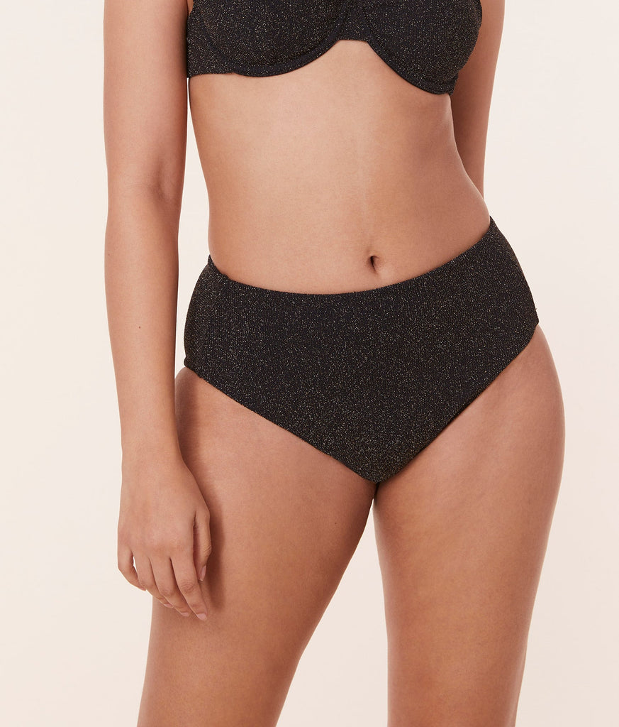 The High Rise Bikini Bottom - Lurex Rib - Black