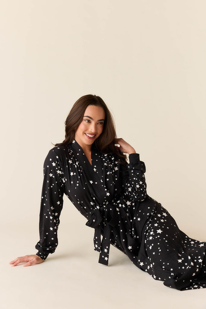 Skyler Cloud Jersey Banded Long Robe in Black Stars