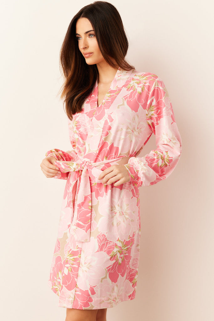 Quinn Cloud Jersey Banded Short Robe in Dahlia