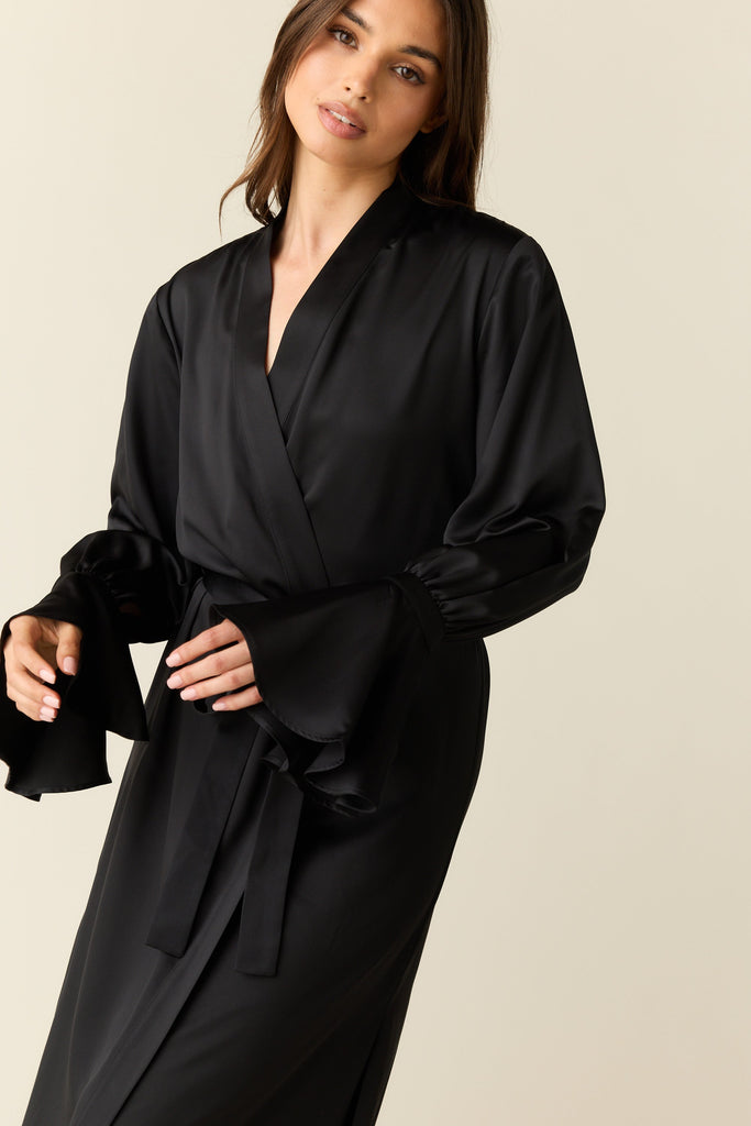 Juliette Luxe Satin Cuff Robe in Black